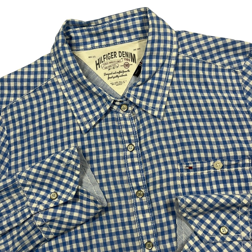 Hilfiger Denim Linen Blend Button Down Snap Shirt Womens L Blue Gingham Roll Tab